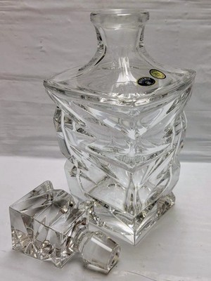 Bohemia Lead Crystal Decanter Zig Zag Square Czech Republic Bottle Carafe Clear