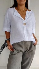 Summer Ladies Linen Cotton V-neck Tee Tops 3/4 Sleeve T-shirts Loose Blouse SIZE