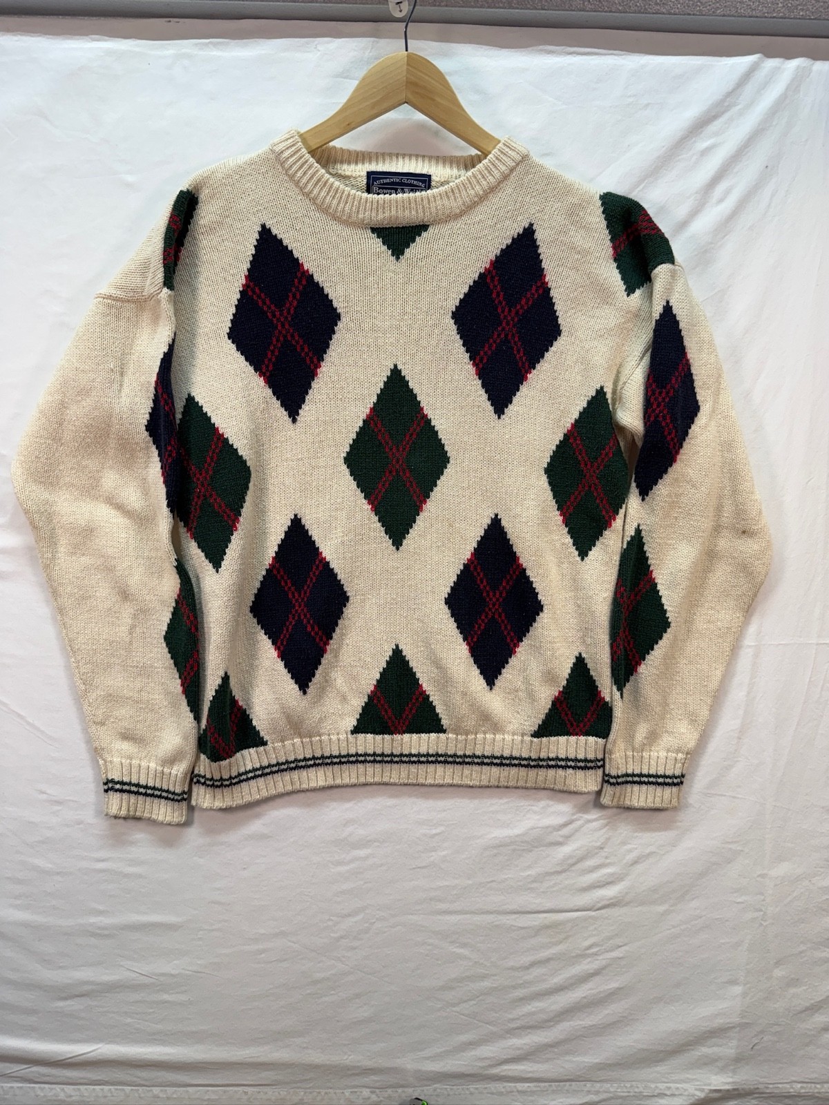 Bowen & Wright Argyle Sweater Medium Cream Preppy… - image 1