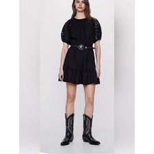 Zara Black Eyelet Embroidered Puff Sleeve RuffleTiered Mini Dress, Size S