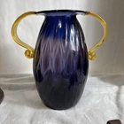 Vintage Blenko 9421 Violet Topaz Double Handle Vase Hand Blown Glass 90s