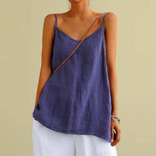 Women Cotton Linen Tank Top Ladies Summer Sleeveless Holiday Casual T Shirt Vest - Picture 10 of 20