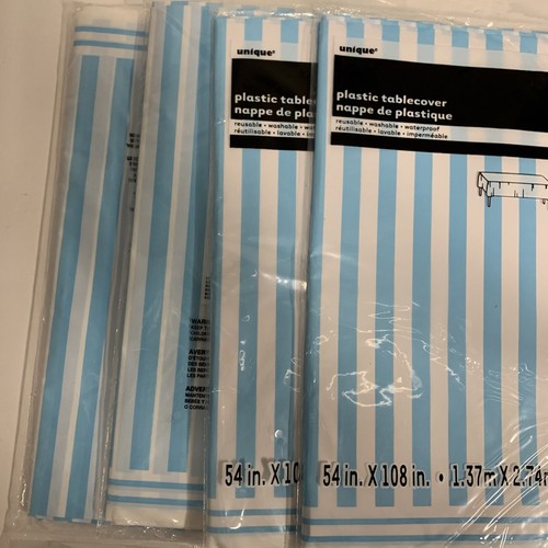 Lot of 6: Unique Plastic Powder Blue Striped Plastic Table Cover, 108" x 54" - Picture 3 of 5
