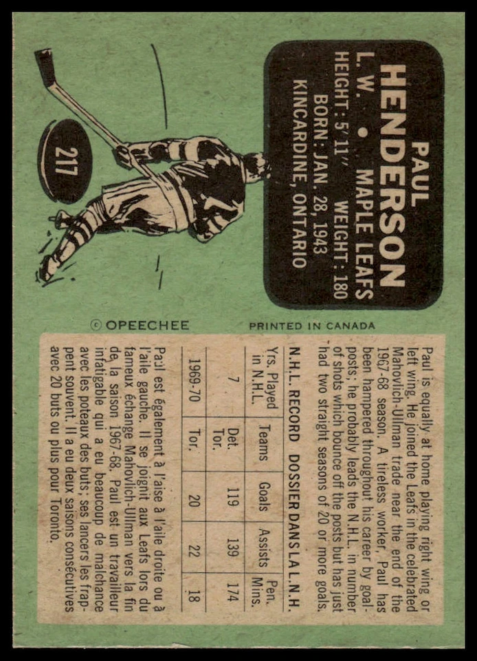 1970-71 O-Pee-Chee #217 Paul Henderson - Image 2 of 2