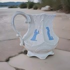 Antique Porcelain Chelsea Ware(?) Pitcher Embossed Blue Grecian Figures 6.25"