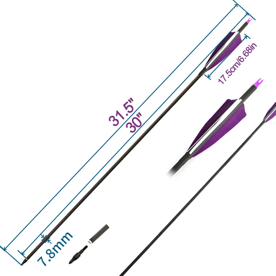 12 piezas flechas de carbono de 30 pulgadas SP500 tiro con arco de pluma de pavo para arco compuesto/curvo Foto 3 de 4