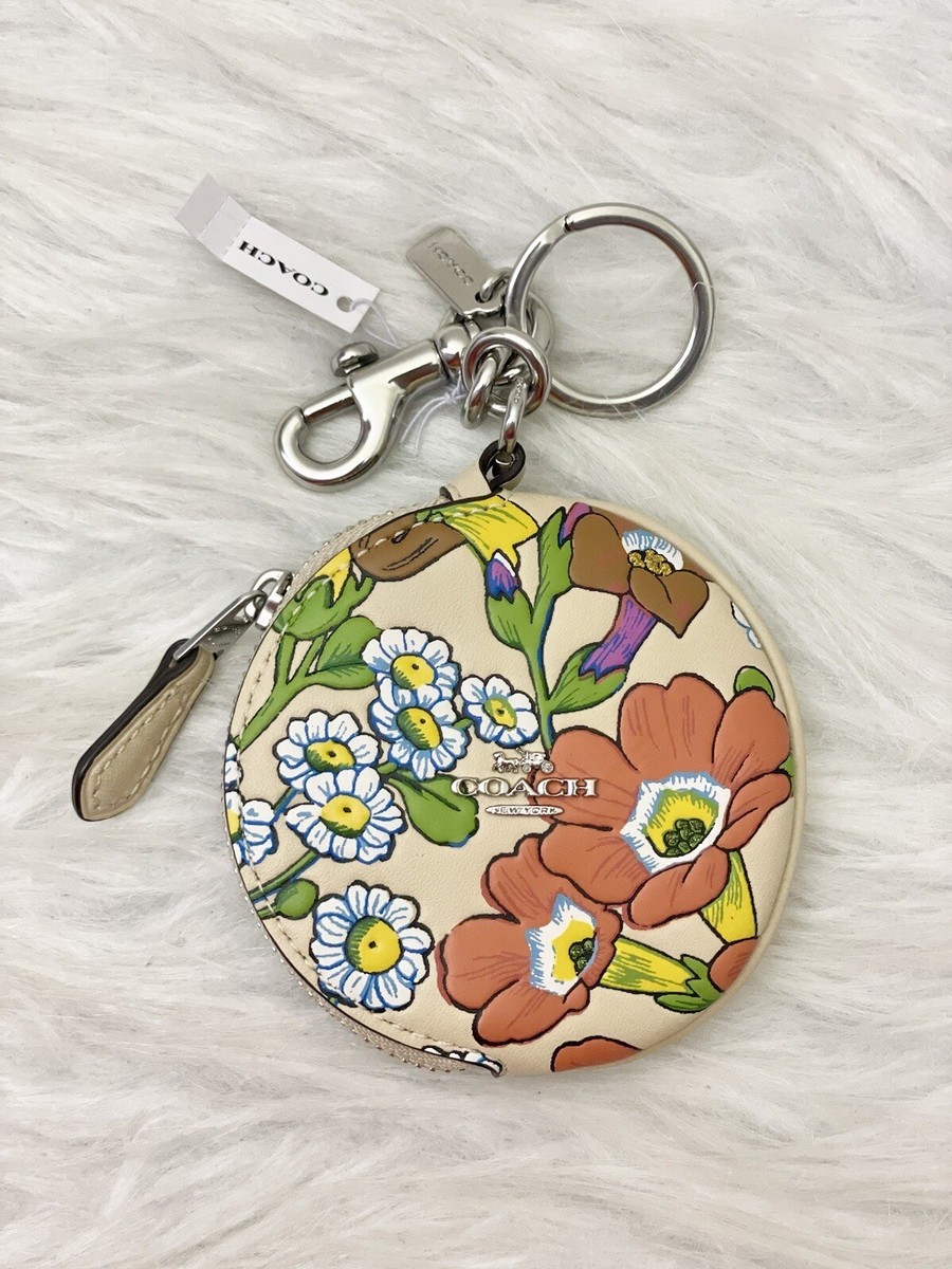 NWT Coach Circular Coin Pouch With Floral Print Bag Charm