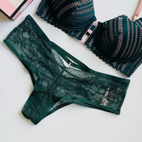 32D XS Victoria’s Secret Conjunto Lencería Pushup Rayas Verdes Encaje Bragas Descaradas Foto 4 de 4