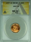 1957 Lincoln Wheat Cent 1C Coin ANACS MS 66 RD (24) B