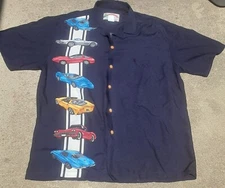 Vintage Paradise Found Chevrolet Corvette 100% Rayon Hawaiian Camp Shirt Med USA