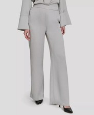 Halston Women's Silver Elastic-Back Mid-Rise Straight Wide-Leg Pants Size L
