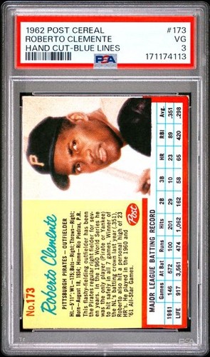 1962 Post Cereal Baseball Roberto Clemente Hand Cut Blue Lines Card #173 PSA 3