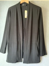 Doe & Rae Open Front Cardigan Top Sweater Sz L Black Tiered Back Lightweight