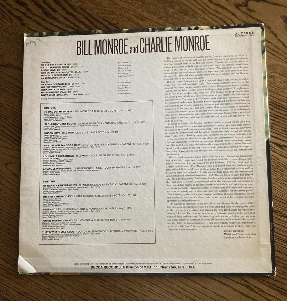 Bill Monroe And Charlie Monroe Vinyl LP Near Mint! Original 1969 Press!! Decca Foto 2 de 4