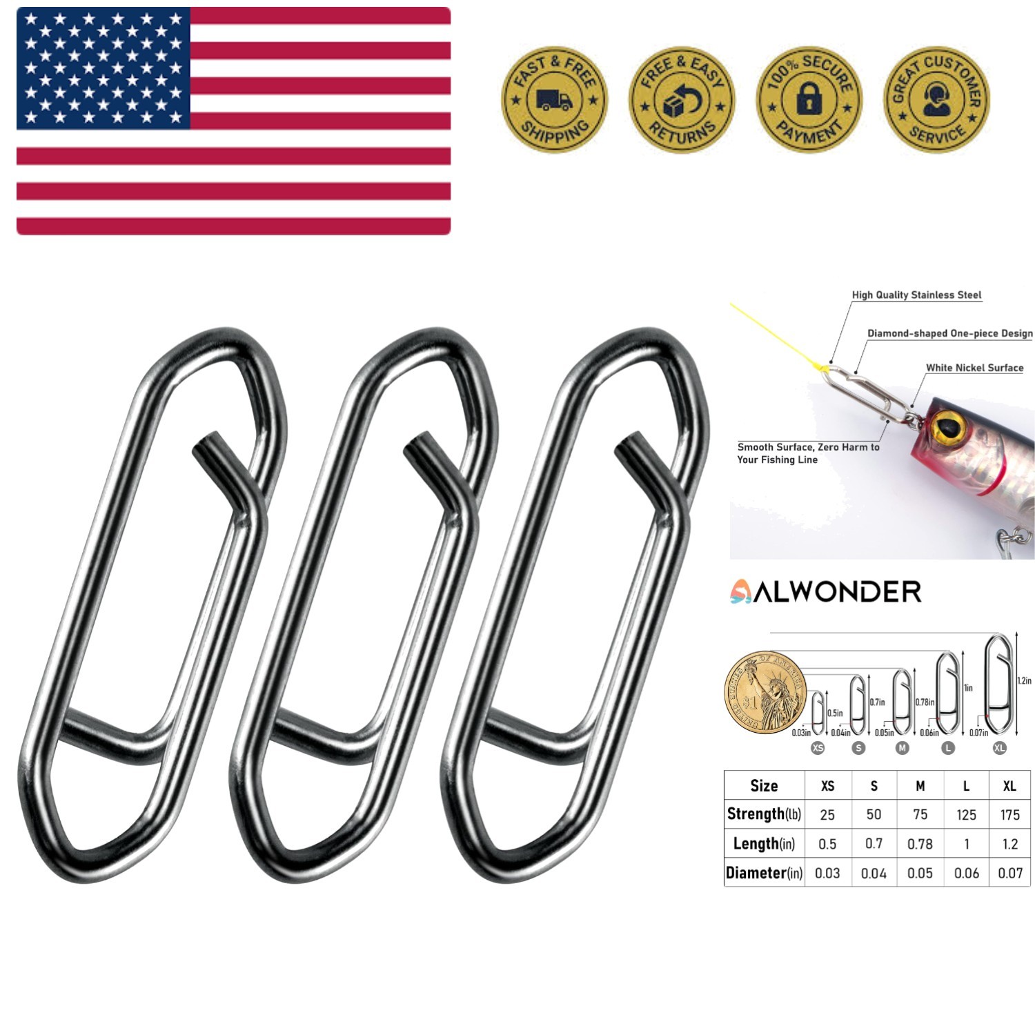 50-Pack Fishing Power Speed Clips, High Strength Stainless Steel Speed Clip f...