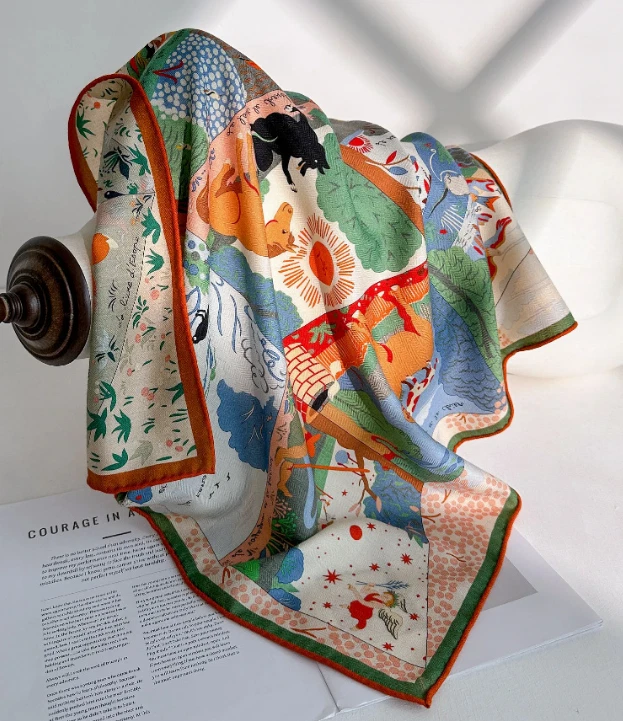  Bufanda chal 70 % cachemir 30 % seda 26"" 2 caras estampado animal naranja pañuelo envolvente  Foto 4 de 4