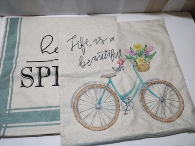 Spring Pillow Life Is A Beautiful Ride Cases Bicycle Flowers Zipper Hello 2 Pc