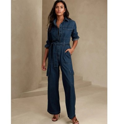 Banana Republic Saldo Denim Utility Jumpsuit Medium Tall Dark Wash Button Belted