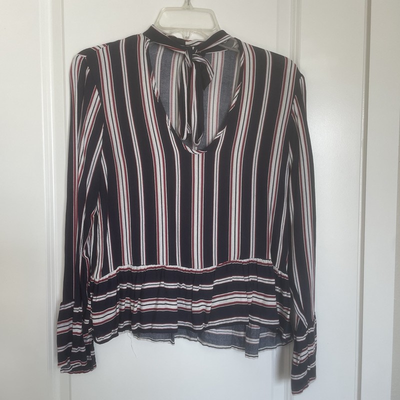 One clothing red white and navy striped long sleeve ruffle top blouse size Small