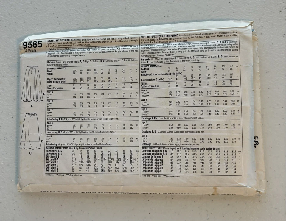 Simplicity 9585 Size 12-14-16 Misses’ Set Of Skirts FACTORY FOLDED 1990’s VTG - Image 2 of 2