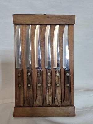 Vtg EKCO Flint Vanadium Stainless Steel Arrowhead 6 Steak Knives Set w/ Walnut