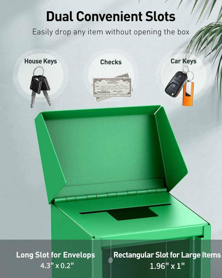 Green Key Drop Box for Outside, Metal Safe Suggestion Box With Key Lock, Collect - Image 3 of 4