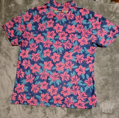 William Murray Golf polo shirt pink and green floral print w/navy blue XLarge