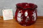 Vintage Fenton Hand Painted J.Cutshaw Flowers Cranberry Art Glass Vase Bowl EXC