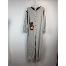 Vintage Night Gear Sleepwear Men L Gray Fleece Teddy Bear Plaid Union Suit PJ