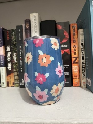 Blue Flowery Insulated Wine / Coffee Cup With Lid