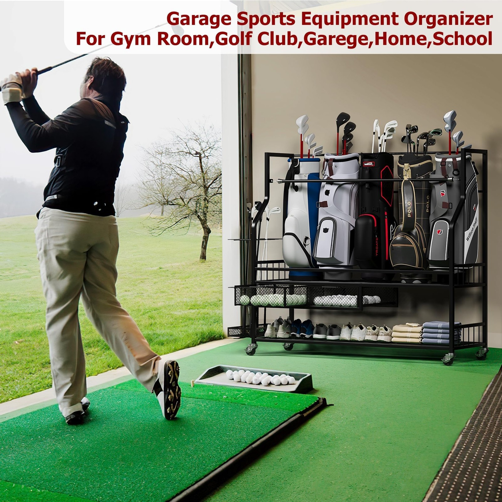 GRAVEE Golf Bag Storage Garage Organizer Rack with Wheels Fit 5 Bags Metal Stand