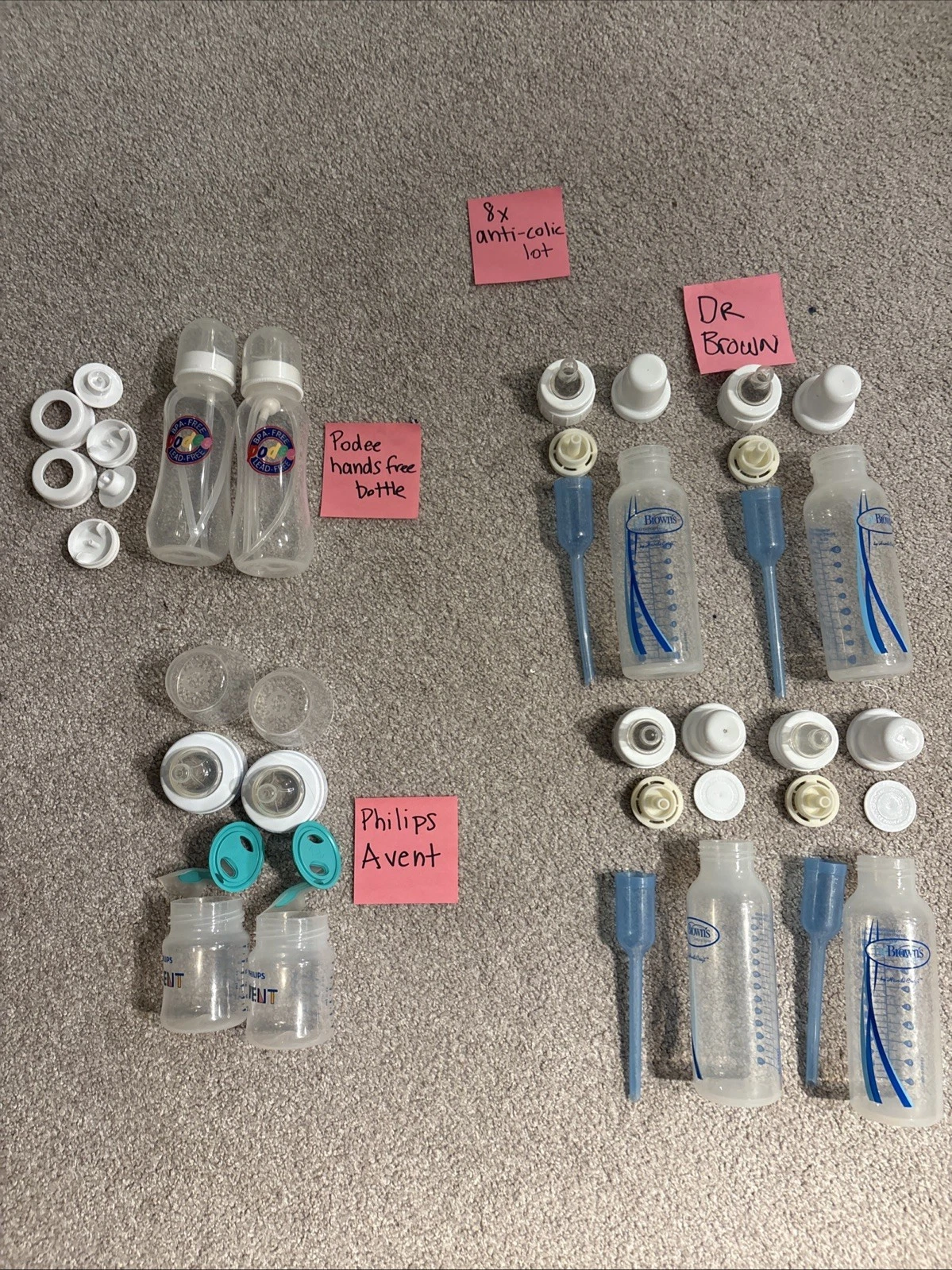 Anti-colic Baby Bottles, Lot of 9, Dr. Brown’s, Philips Avent, Podee
