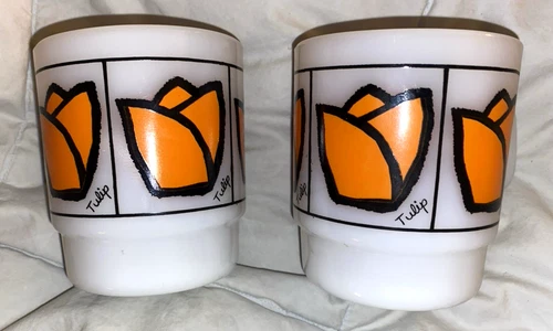 Vintage Anchor Hocking Fire King Ware Mugs Orange Tulip Flower  Set of 2