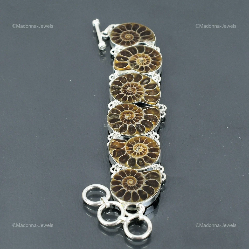 Venta de San Valentín 925 Plata Pera Natural Amonita Fósil Bisel Cadena Nuevo Pulsera Foto 3 de 4