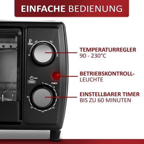 Minibackofen, 1.000 Watt, 10 Liter, inkl. Backblech und Grillrost, Pizzaofen 90° - Bild 2 von 7