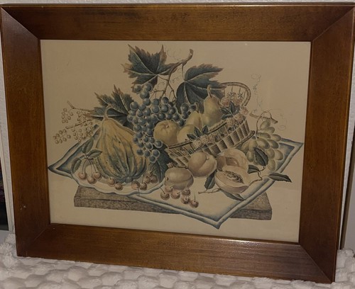 VTG Bountiful Harvest Thanksgiving Fall Picture Fruit Display Pine Frame 17"