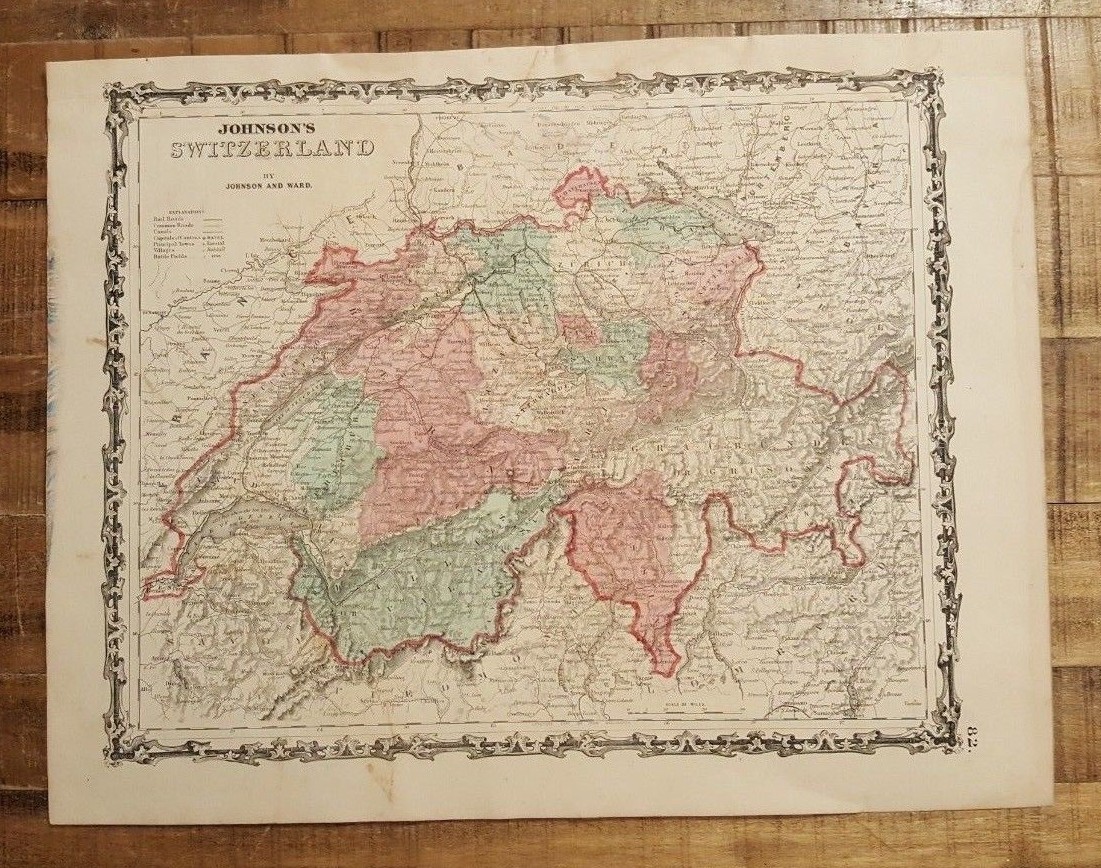 Antique Colored MAP OF SWITZERLAND - Johnson's Family Atlas 1863