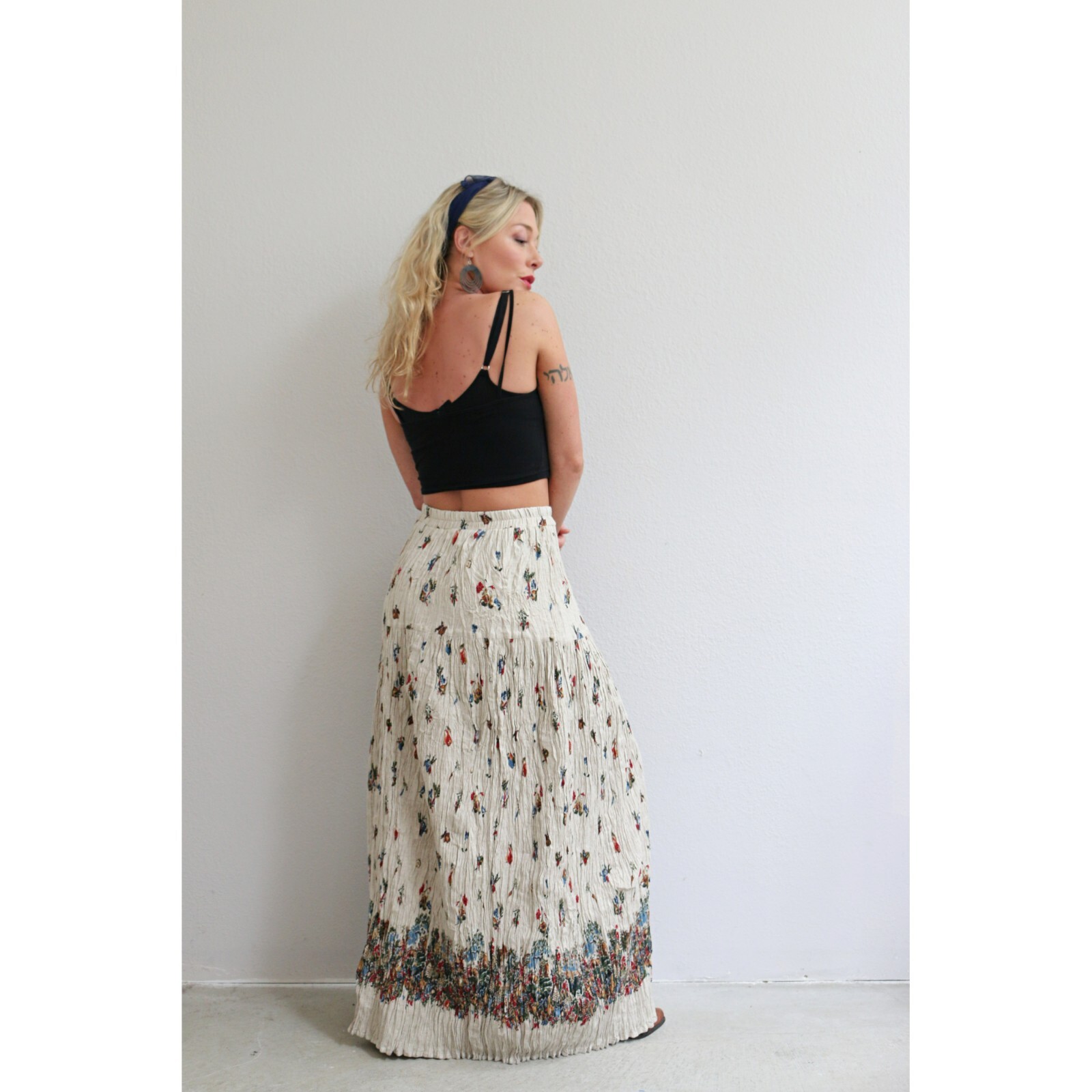 1990s Linen Blend Crinkle Broomstick Skirt Women's Sm… Gem