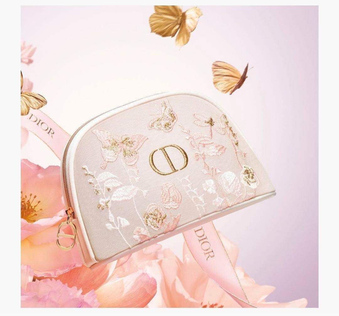 Christian Dior フラワープリントポーチ Christian Dior Pouch embroidery Pink Butterfly Flower