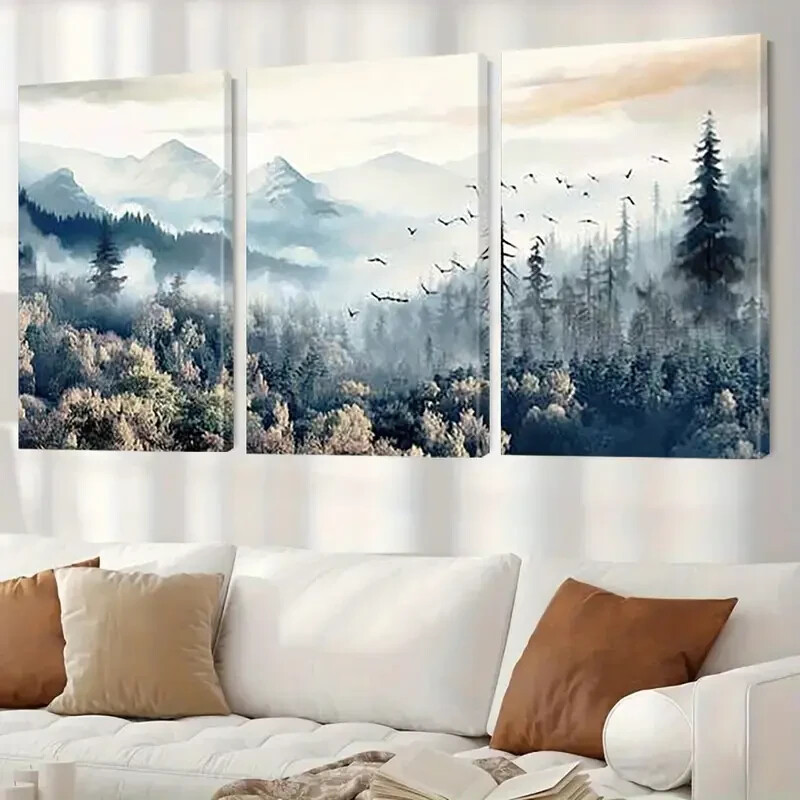 3pcs Mistry Forest Mountain & Flying Birds Nature View Canvas Unframed