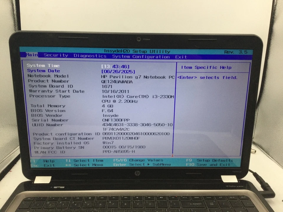 HP PAVILION G7 - BOOTS TO BIOS - INTEL I3 2330M - 4GB RAM - READ DESCRIPTION -BB - Image 2 of 4