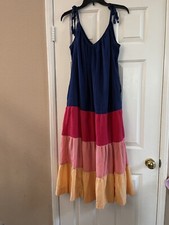 Old Navy Maxi Dress Size XS Tiered Blue Orange Pink Red Sundress Tassels