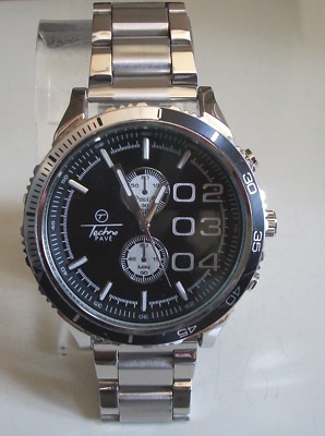 Men's Techno Pave Bracelet Silver Finish Black Dial Fashion Casual Watch 