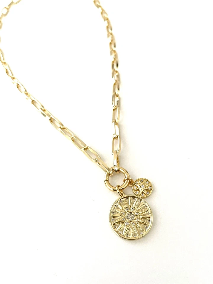 Collar de cadena de eslabones con clip dorado circonita cúbica flor sol estrella dije soporte