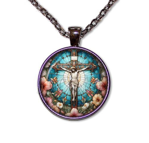 Faux Stained Glass Jesus on the Cross - Handmade ROUND Glass Pendant Necklace - Picture 10 of 10