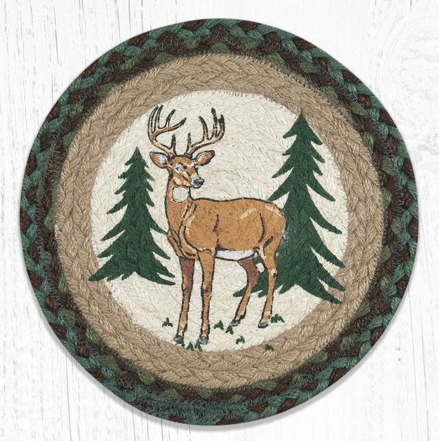 New Buck Deer 10" Round Placemat Trivet Earth Rugs, Braided Jute