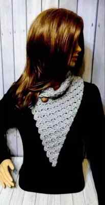 handmade crochet womans scarf button cowl soft gray mix blocks USA made new