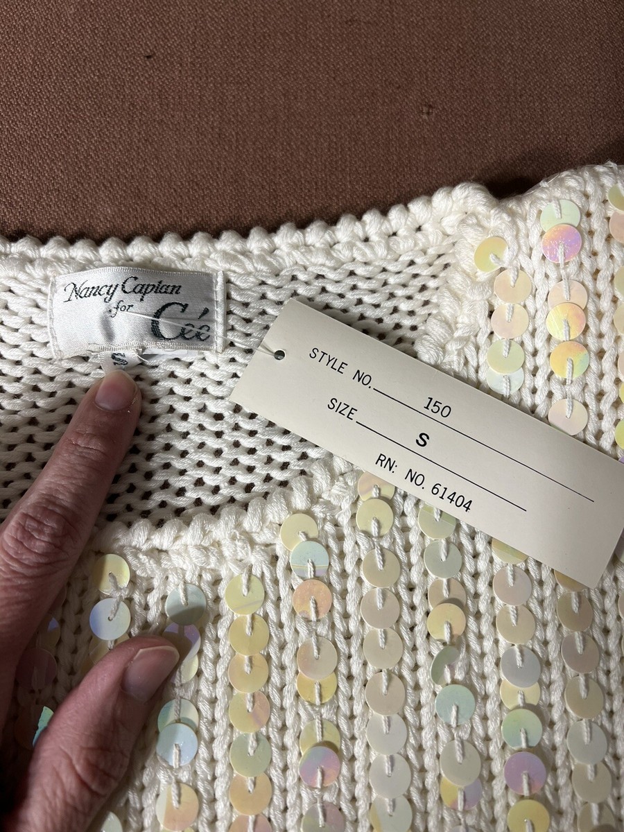k Vintage Nancy Caplan Ivory Sweater Vest Flat Sequins Womens Small