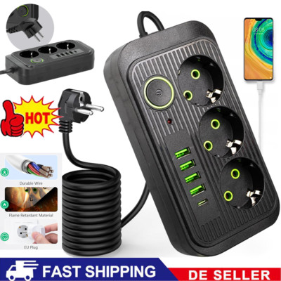 Steckdosenleiste 3-Fach 4 USB Mehrfachsteckdose mit Flachstecker und Schalter