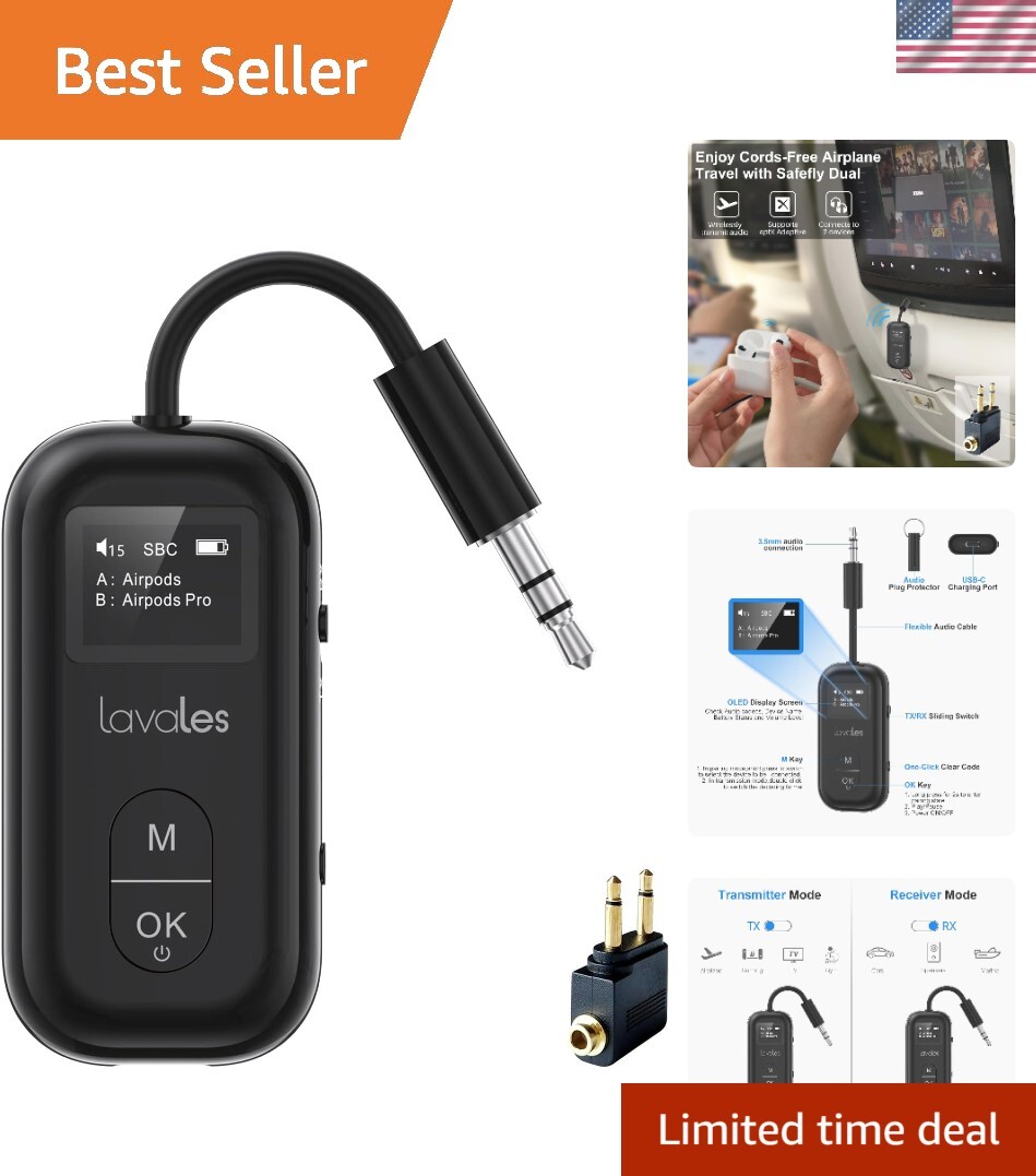 Bluetooth 5.3 Audio Transmitter & Receiver with LCD Screen for Wireless Streaming